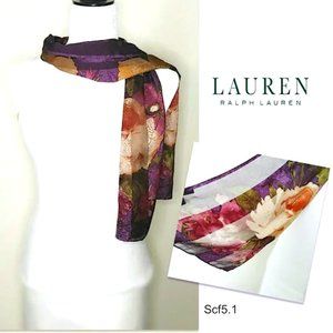 RALPH LAUREN 100% Silk Scarf Oblong Purple Pink Taupe Green Floral Print, Scf5.1